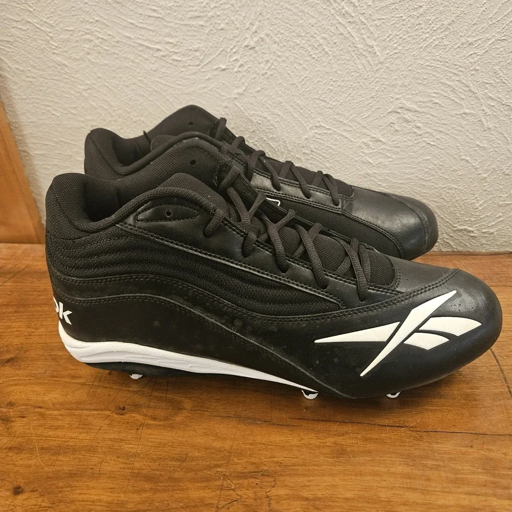 Reebok RBK Mens Size 14 Audible‎ Mid D Black White Football Cleats Shoes Logo
